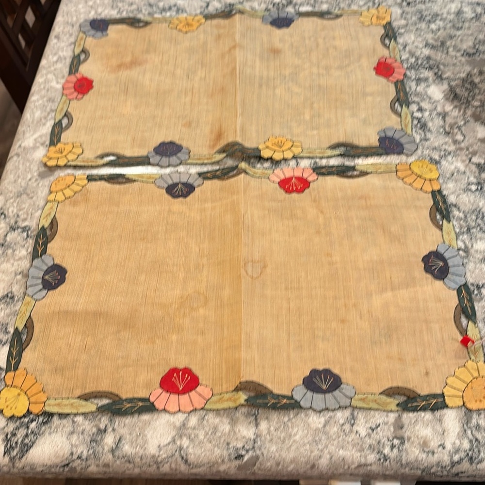 Vintage Hand Made Two Arts & Craft Appliques placemats 11”x17” linen tea stained